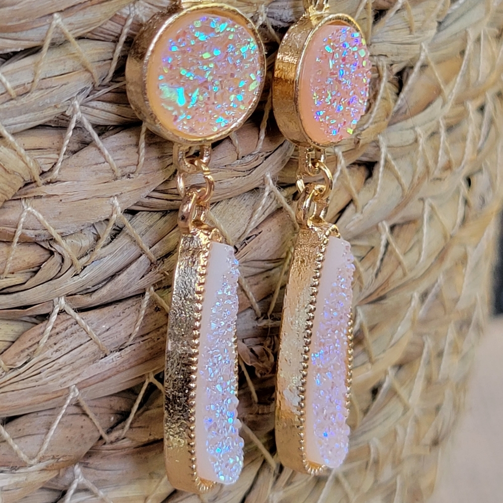 RESTOCKED Peachy Pink Druzy Stone Dangle Earrings - Picture 3 of 4